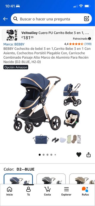 Carrito Bebé 3 en 1 BEBBY Azul