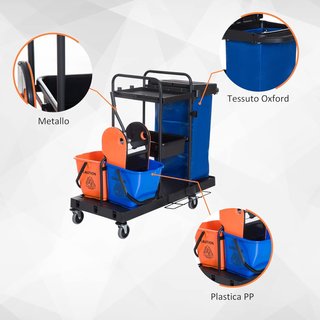 Carro de Limpieza Profesional de 3 Estantes con Bolsa de Basura, Ganchos para Escoba, Cubo de Fregona con Escurridor y 5 Ruedas, para Hoteles y Alojamientos, 111X63.3X103 Cm, Negro