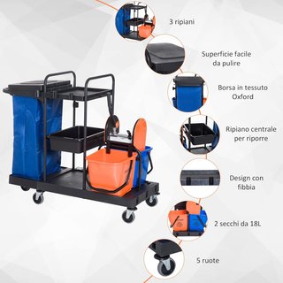 Carro de Limpieza Profesional de 3 Estantes con Bolsa de Basura, Ganchos para Escoba, Cubo de Fregona con Escurridor y 5 Ruedas, para Hoteles y Alojamientos, 111X63.3X103 Cm, Negro