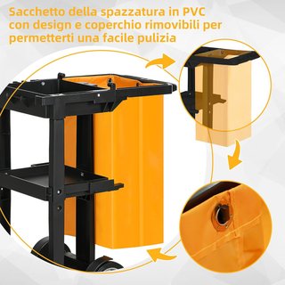Carro de Limpieza Profesional de 3 Estantes con Ganchos para Escoba y Bolsa de 100L, Carro con Ruedas Multiusos de Plástico para Hotel, Restaurante y Comedor, 121X50.5X96.5 Cm, Negro