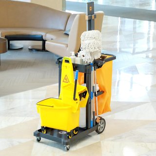 Carro de Limpieza Profesional de 3 Estantes con Ganchos para Escoba y Bolsa de 100L, Carro con Ruedas Multiusos de Plástico para Hotel, Restaurante y Comedor, 121X50.5X96.5 Cm, Negro