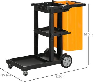Carro de Limpieza Profesional de 3 Estantes con Ganchos para Escoba y Bolsa de 100L, Carro con Ruedas Multiusos de Plástico para Hotel, Restaurante y Comedor, 121X50.5X96.5 Cm, Negro