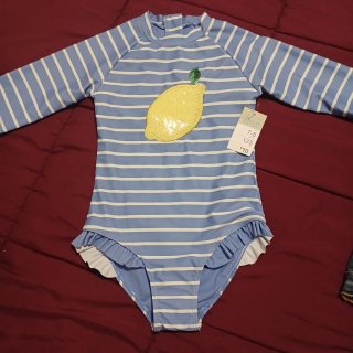 Bañador niña rayas limón lentejuelas
