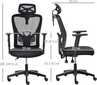 Silla de Oficina Ergonómica Giratoria, Altura Ajustable, Soporte Lumbar y Reposacabezas, 66X61X100-109.5Cm Negro