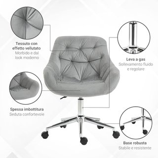 Silla de Oficina Ergonómica Giratoria con Altura Ajustable y Ruedas, Tapizado en Terciopelo, 59X58X80-90Cm, Gris