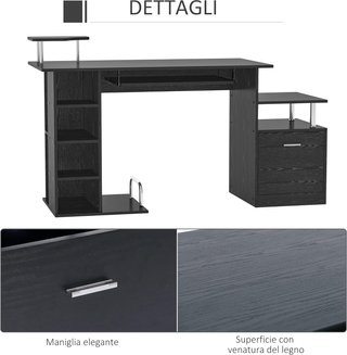 Escritorio Moderno para Computadora con Cajones, Estantes y Teclado Extraíble, Escritorio de Oficina para Casa en Madera Negra 152X60X88Cm
