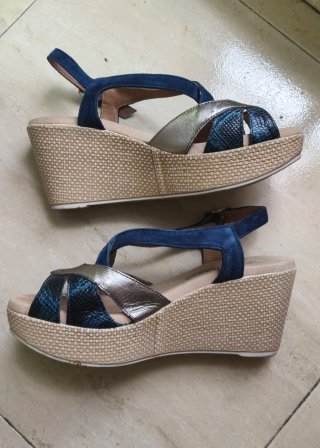 Sandalias Pitillos Cuña Azul y Plata
