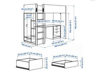 Cama alta con escritorio, armario y cajones