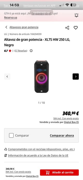 Altavoz LG XBOOM Bluetooth Negro
