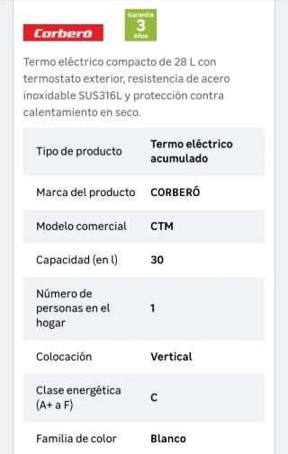 Termo eléctrico Corberó 30 litros