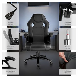 Silla gaming de escritorio giratoria con respaldo ajustable, negro