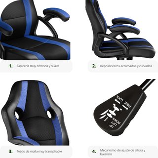 Silla gaming de escritorio giratoria con respaldo ajustable, azul