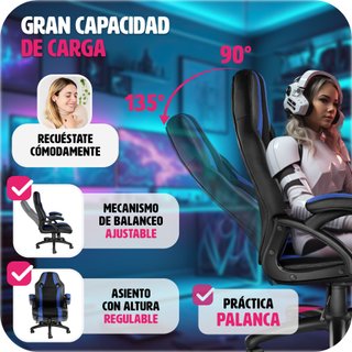 Silla gaming de escritorio giratoria con respaldo ajustable, azul