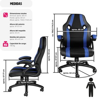 Silla gaming de escritorio giratoria con respaldo ajustable, azul