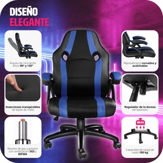 Silla gaming de escritorio giratoria con respaldo ajustable, azul