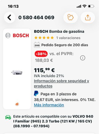 Bomba Gasolina Bosch 0 580 464 069 Volvo 940