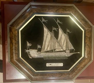 Cuadro hexagonal barco vela metal madera, 1680