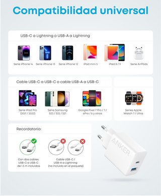 Cargador Anker 20W USB C 2 puertos con cable