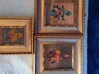 Antico set 3 quadri floreali dorati
