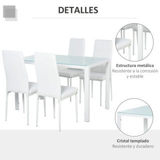Conjunto Comedor Mesa Cristal y 4 Sillas Blancas