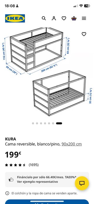 Cama Kura 90x200 reversible blanco pino