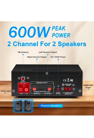 Amplificador Estéreo AK45 600W Negro
