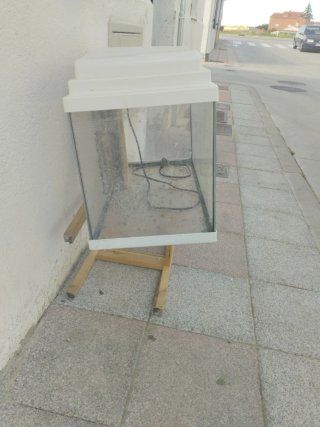 Pecera de cristal con soporte de madera