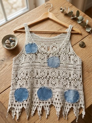 Camiseta Crochet con Parches Denim Talla Única