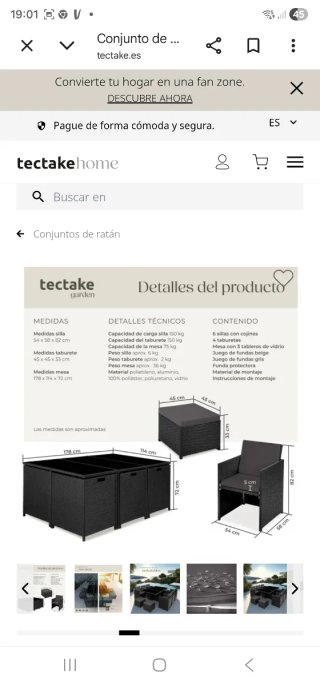 Mesa y 6 Sillas Jardín Ratán Negro