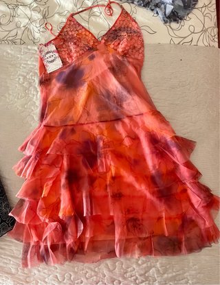 Vestido fiesta naranja y rosa talla 38