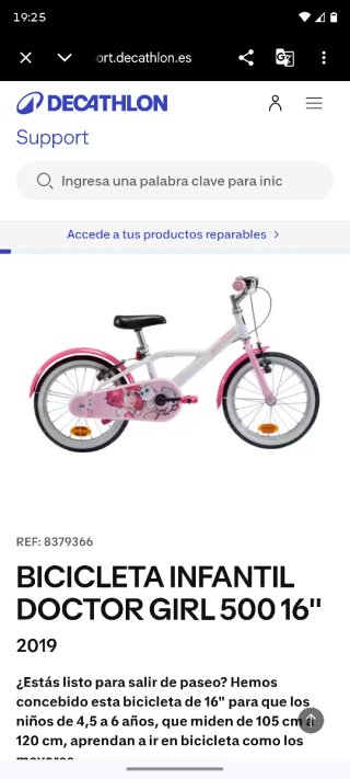 Bicicleta BTWIN 16" niña rosa con casco,protector.