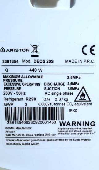 Deshumidificador Ariston DEOS 20S Blanco
