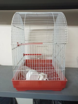 Jaula para canarios blanca y roja.