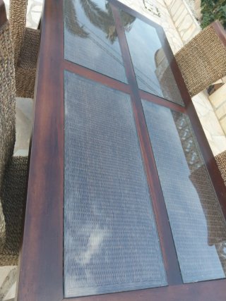 Mesa ratán y 4 sillas cristal 180x90