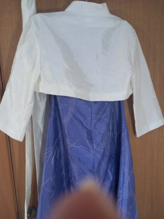 Vestido de fiesta azul con estampado bordado.