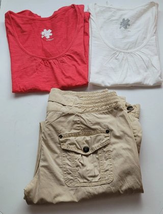Pantalón cargo beige y 2 camisetas