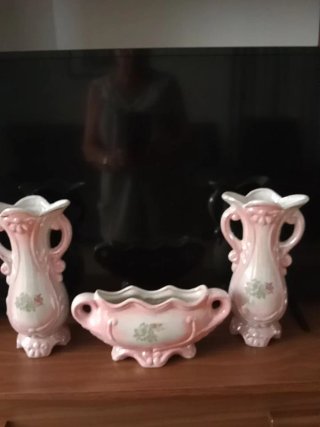 Juego 3 jarrones cerámica rosa y blanco