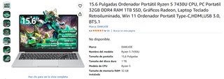 Portátil 15.6 Ryzen 5 7430U 32GB RAM 1TB SSD