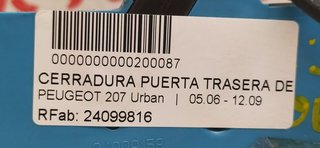 PEUGEOT 207 Urban CERRADURA PUERTA TRASERA DERECHA