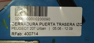 PEUGEOT 207 Urban CERRADURA PUERTA TRASERA IZQUIERDA