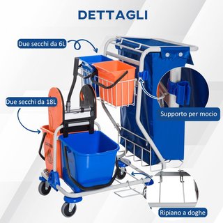 Carro de Limpieza Profesional con Saco de Basura, 2 Cubos de Lavado de Suelos de 18L, 2 Cubos de Almacenamiento de 6L, Escurridor para Mopa, Gancho y Ruedas para Hoteles y Alojamientos, 93X80X97 C...