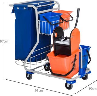 Carro de Limpieza Profesional con Saco de Basura, 2 Cubos de Lavado de Suelos de 18L, 2 Cubos de Almacenamiento de 6L, Escurridor para Mopa, Gancho y Ruedas para Hoteles y Alojamientos, 93X80X97 C...