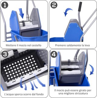 Carro de Limpieza Profesional con Cesto Suspendido, Estante, Cubo de 25L para Fregar con Escurridor, Carro Multiusos con Gancho para Hotel, Restaurante y Cafetería, 72X49.5X95 Cm, Azul