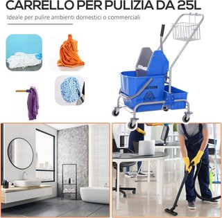 Carro de Limpieza Profesional con Cesto Suspendido, Estante, Cubo de 25L para Fregar con Escurridor, Carro Multiusos con Gancho para Hotel, Restaurante y Cafetería, 72X49.5X95 Cm, Azul