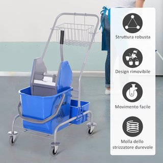 Carro de Limpieza Profesional con Cesto Suspendido, Estante, Cubo de 25L para Fregar con Escurridor, Carro Multiusos con Gancho para Hotel, Restaurante y Cafetería, 72X49.5X95 Cm, Azul
