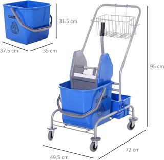 Carro de Limpieza Profesional con Cesto Suspendido, Estante, Cubo de 25L para Fregar con Escurridor, Carro Multiusos con Gancho para Hotel, Restaurante y Cafetería, 72X49.5X95 Cm, Azul