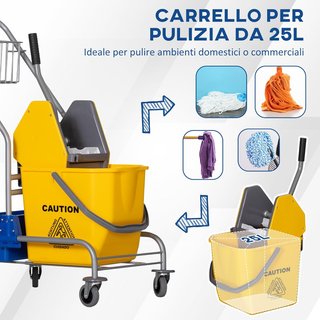 Carro de Limpieza Profesional con Cesto Suspendido, Estante, Cubo de 25L para Lavado de Suelos con Escurridor, Carro Multiusos con Gancho para Hotel, Restaurante y Comedor, 72X49.5X95 Cm, Amarillo