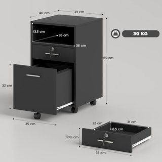 Archivador De Oficina Con 2 Cajones, 5 Ruedas Y Estante Abierto, Cajonera De Oficina Con Cerradura Y 2 Llaves para Carta/Formato A4, Armario Vertical para Estudio, 39X40X65 Cm, Negro