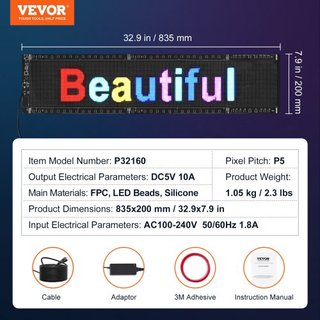 Cartel LED Programable, Panel LED Scrolling a Color Completo P5, Tablero de Exhibición de Patrón de Animación de Texto Personalizado DIY, Control de APP Bluetooth Cartel de Mensajes para Tienda Ne...