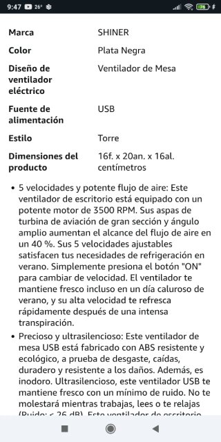 Ventilador SHINER Escritorio USB 5 Velocidades